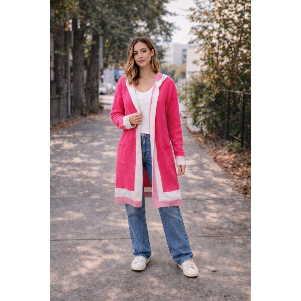 Womens Long Sleeve Knitted Pink White Sweater Jacket Casual Top W/ Hoodie Small